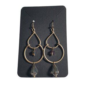 Gold Tone Teardrop Hoop Dangle Earrings Crystal Accents Hook Back Boho Chic